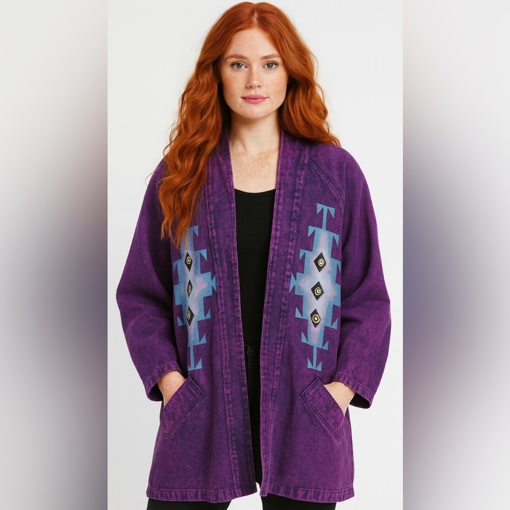 Vintage Sundance Hand Painted Purple‎ Denim Jacket Southwestern Aztec Boho Art